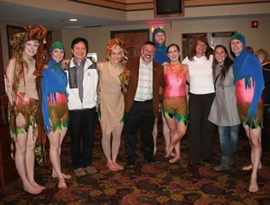 The whole group celebrating after the show: Laura Day (a kelp), Sarah Felschow (a blue mussel), Keng-Pee Ang (Cooke Aquaculture VP Research and Development, Feed and Nutrition), Cynthia Croker (a kelp and choreographer of �IMTA�), Thierry Chopin (the inspired scientist), Andrew Hartley (a blue mussel), Melissa Spence (a salmon), Nell Halse (Cooke Aquaculture VP Communications), Constanza Chianale (Ph D student working on another seaweed, dulse) and James Croker (an Australian sheep shearer turned blue mussel).